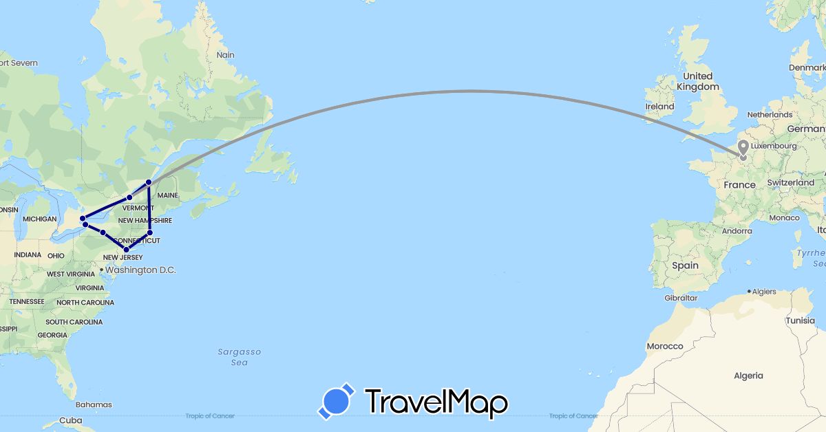 TravelMap itinerary: driving, plane in Canada, France, United States (Europe, North America)