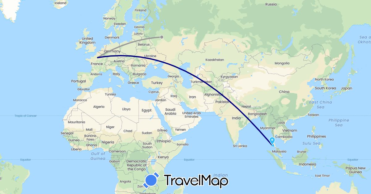 TravelMap itinerary: driving, plane, boat in France, Russia, Thailand (Asia, Europe)